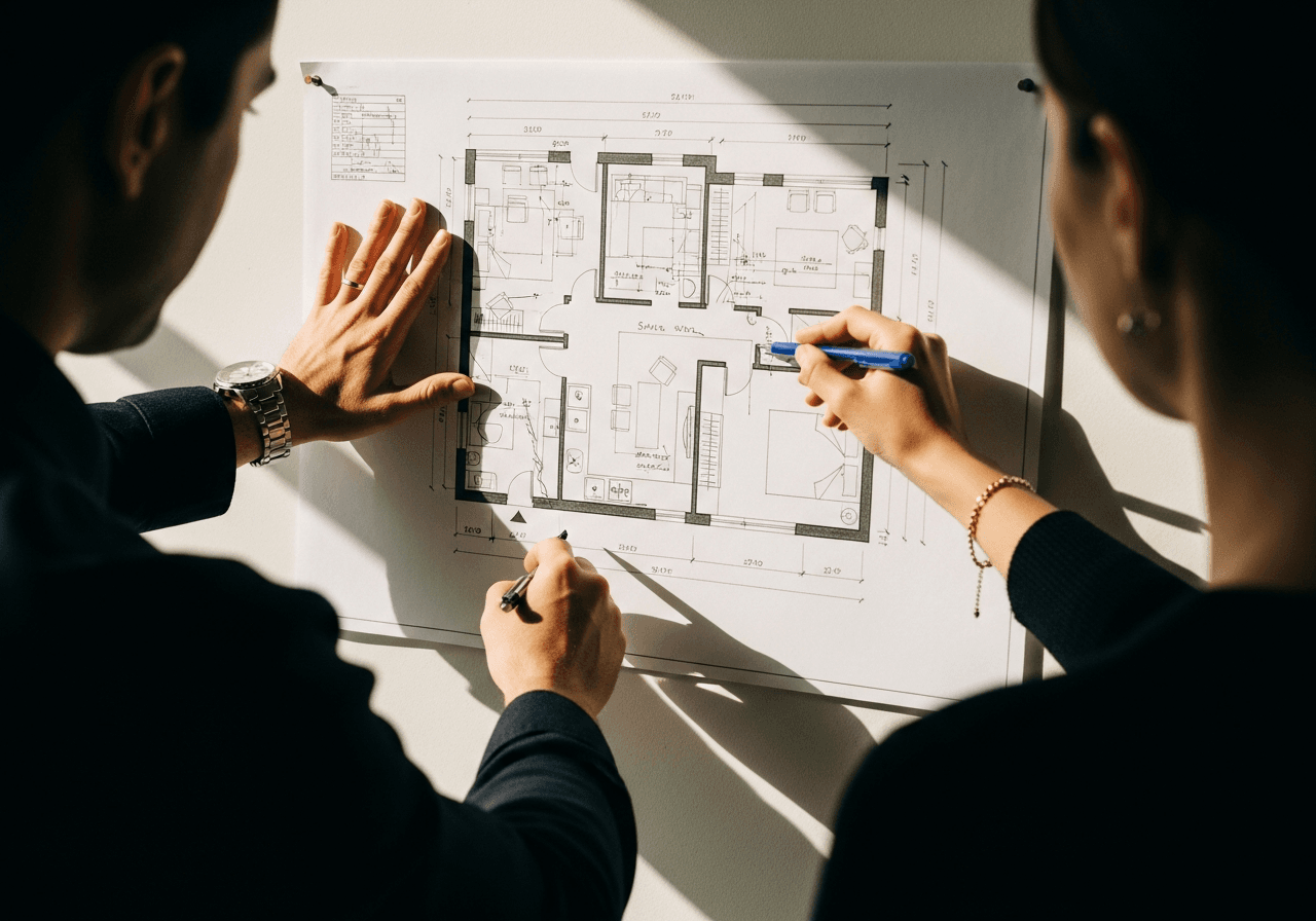 Two designers reviewing an architectural floor plan with hand-drawn annotations